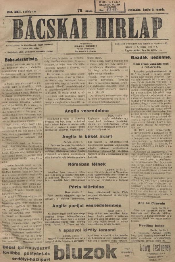 Bácskai Hirlap, 22. évf. 1918. április 3. 76. sz.