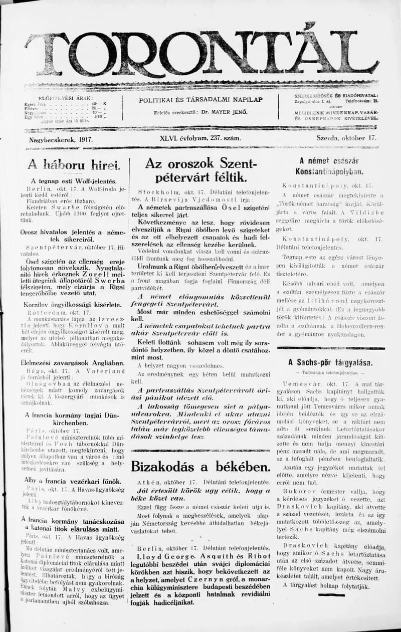 Torontál, 46. évf. 1917. október 17. 237. sz.
