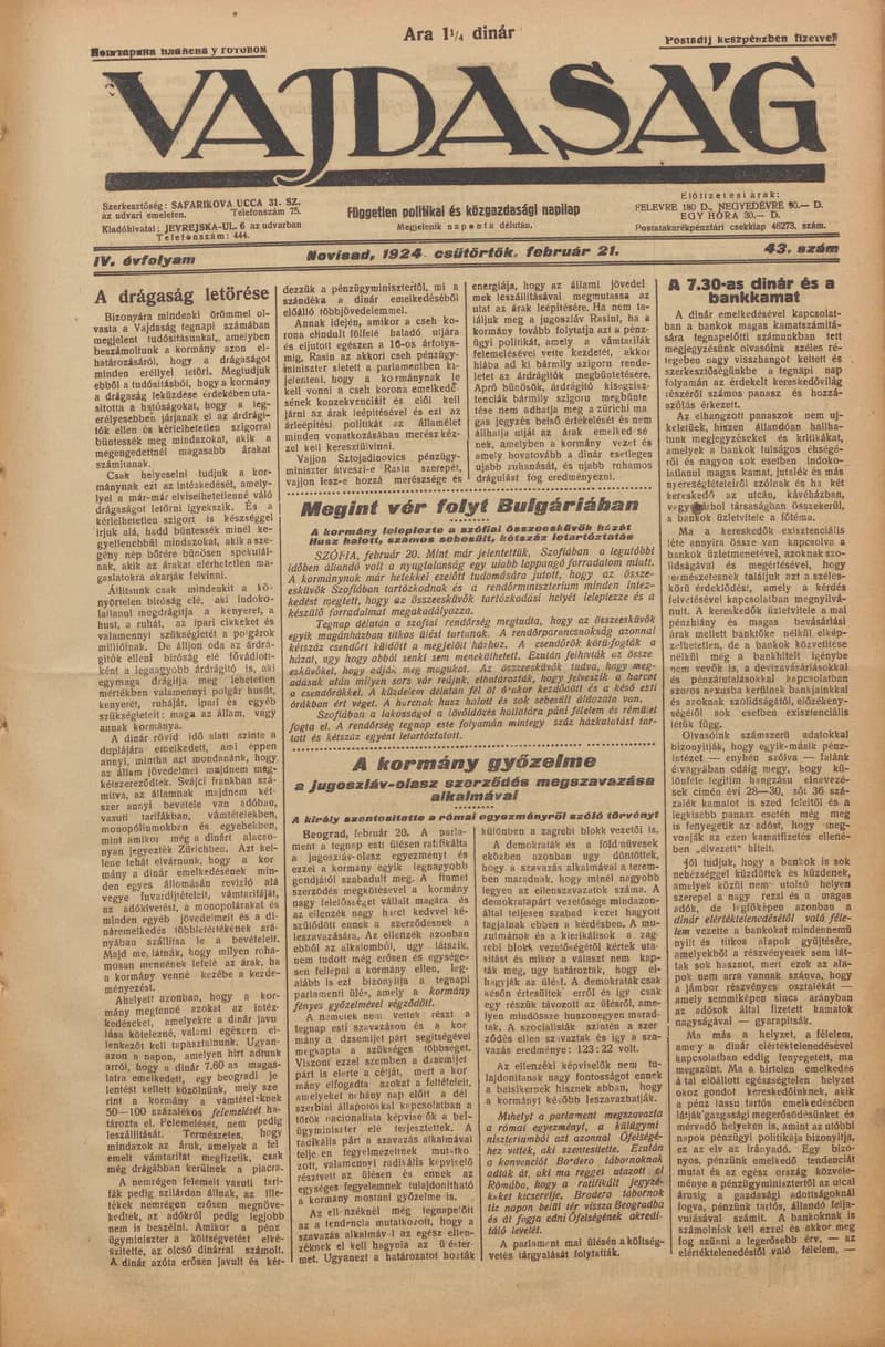 Vajdaság, 4. évf. 1924. február 21. 43. sz.