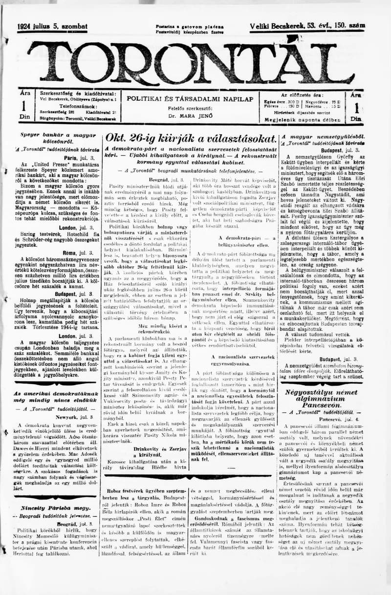 Torontál, 53. évf. 1924. július 5. 150. sz.