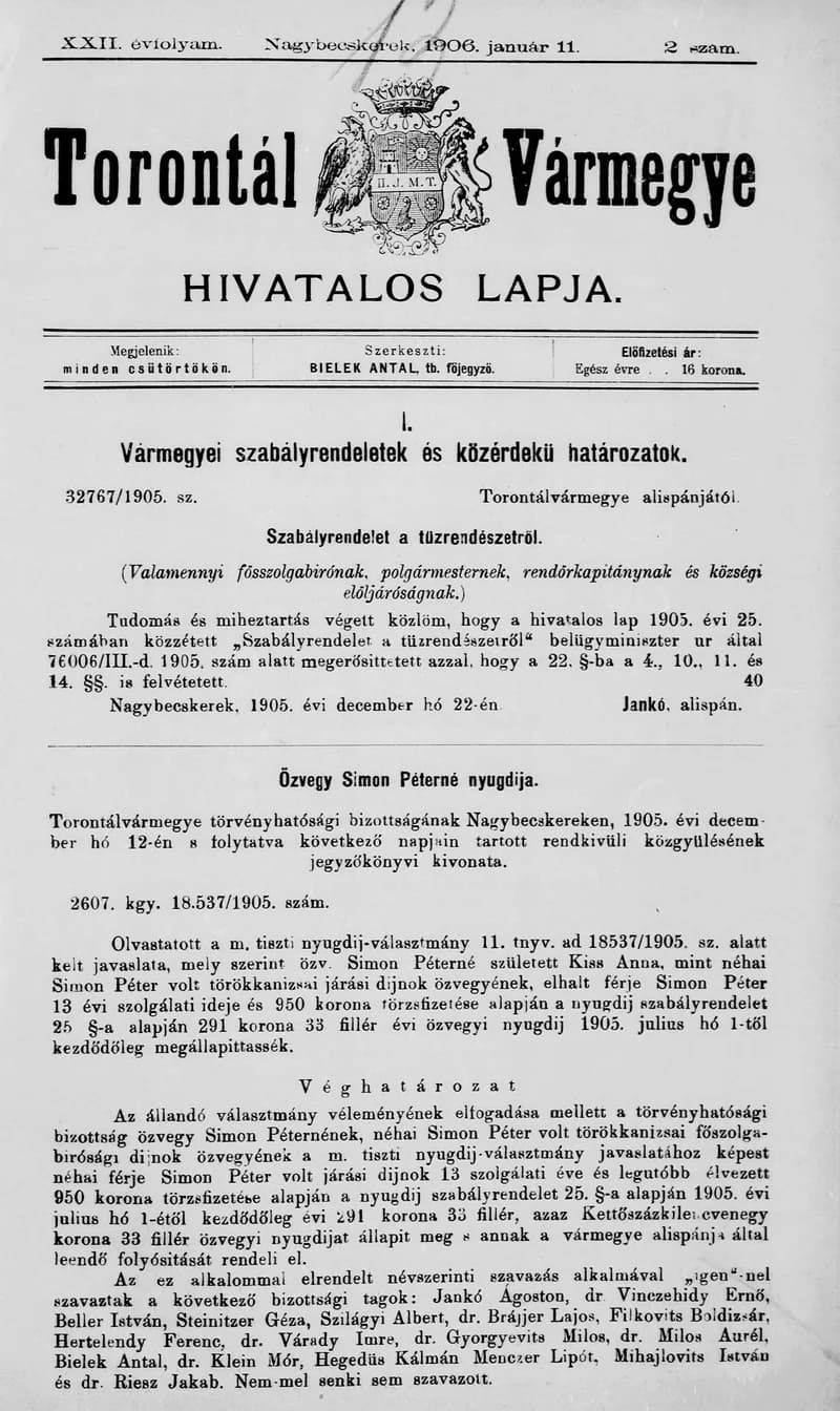 Torontál Vármegye Hivatalos Lapja, 22. évf. 1906. január 11. 2. sz.