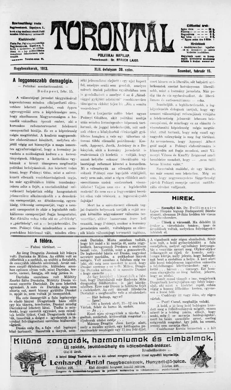 Torontál, 42. évf. 1913. február 15. 38. sz.