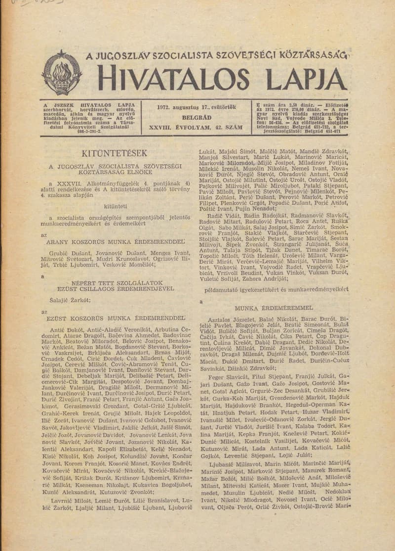 A Jugoszláv Szocialista Szövetségi Köztársaság Hivatalos Lapja, 28. évf. 1972. augusztus 17. 42. sz. 861–864. oldal