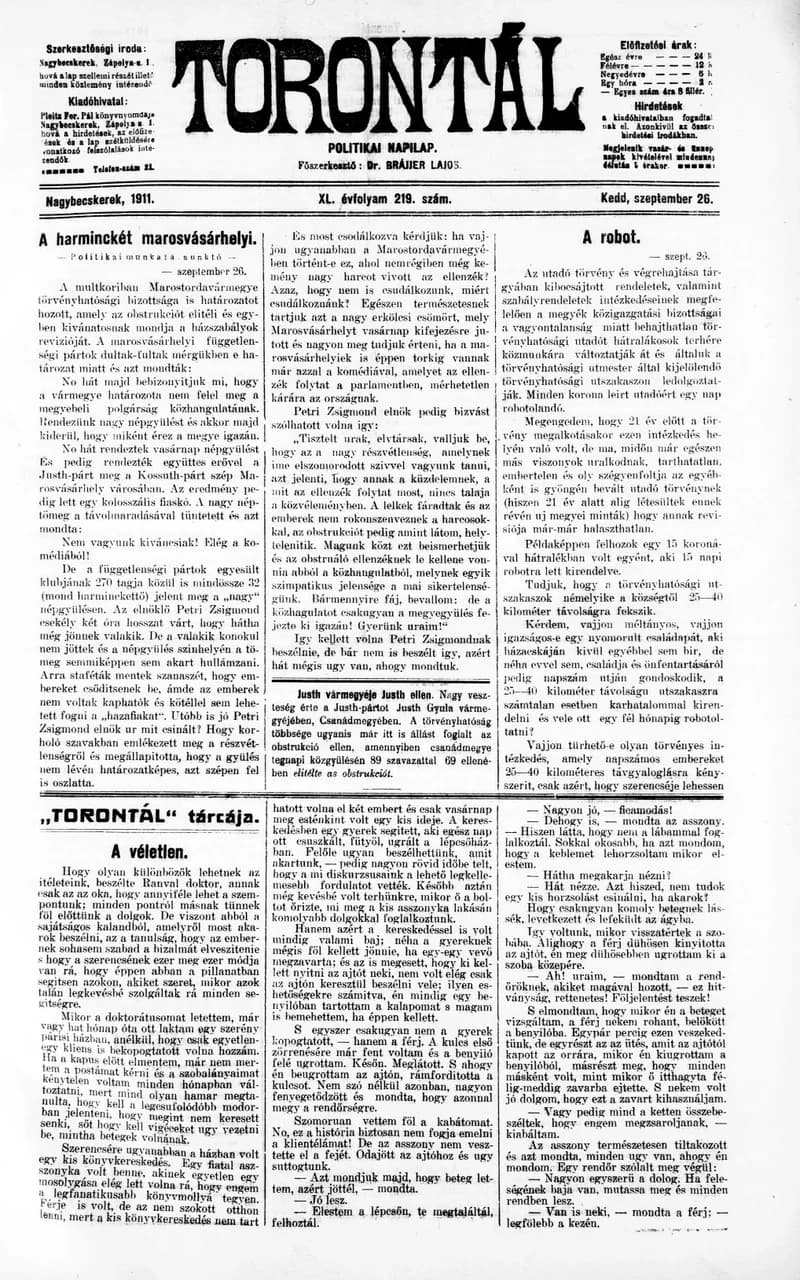 Torontál, 40. évf. 1911. szeptember 26. 219. sz.