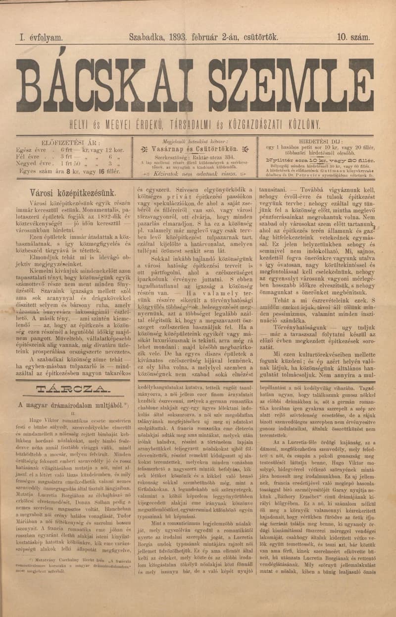 Bácskai Szemle, 1. évf. 1893. február 2. 10. sz.