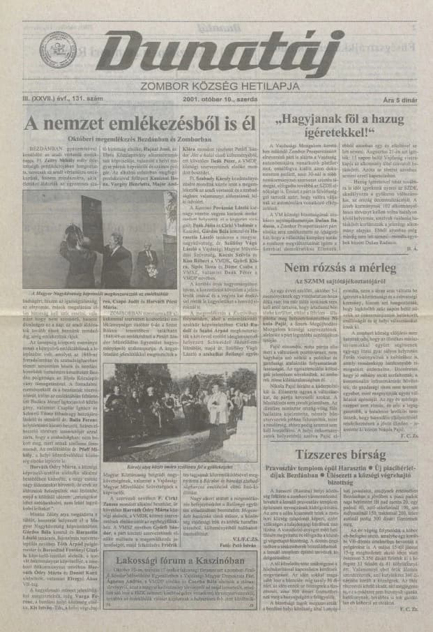 Dunatáj, 3. évf. 2001. október 10. 131. sz.