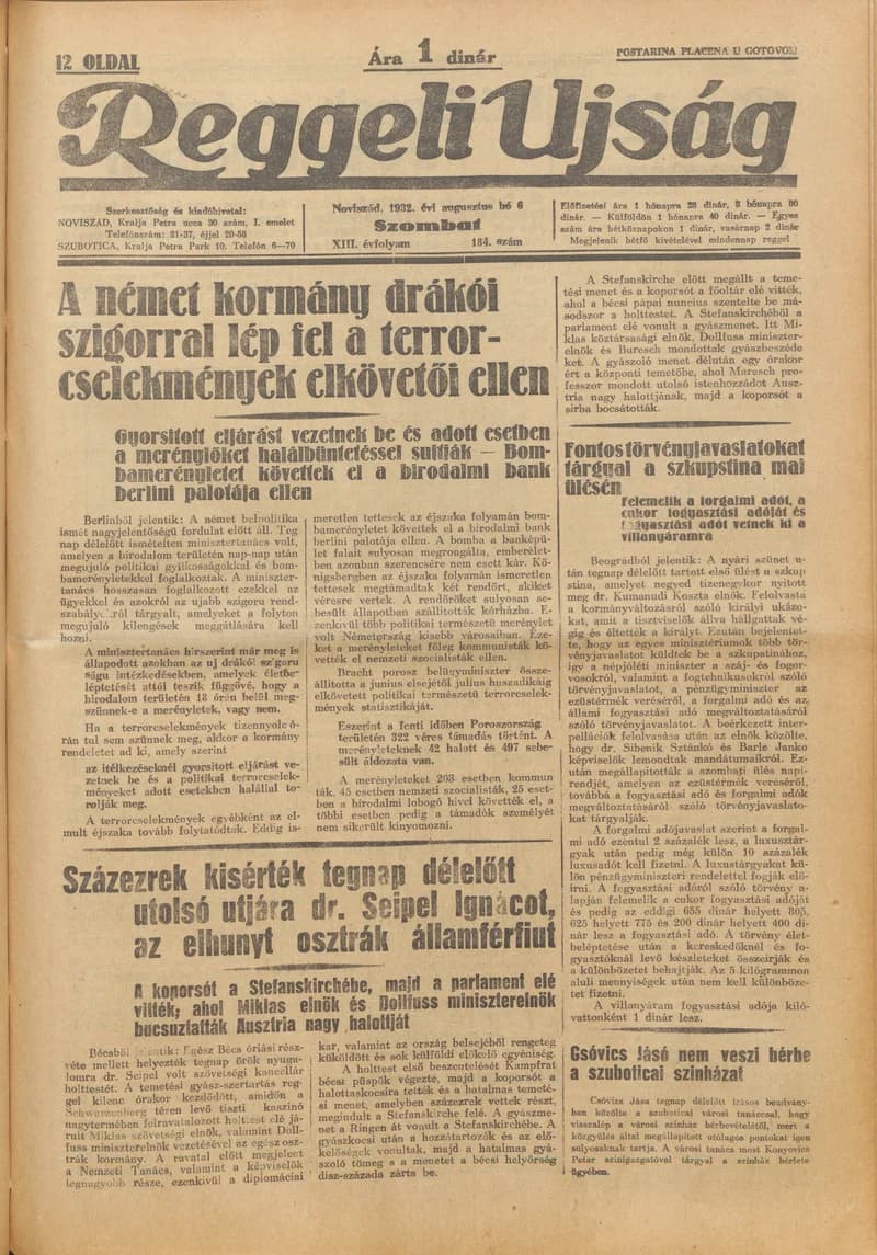 Reggeli Újság, 13. évf. 1932. augusztus 6. 184. sz.