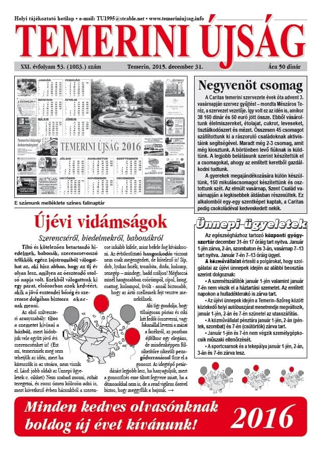Temerini Újság, 21. évf. 2015. december 31. 53. sz.