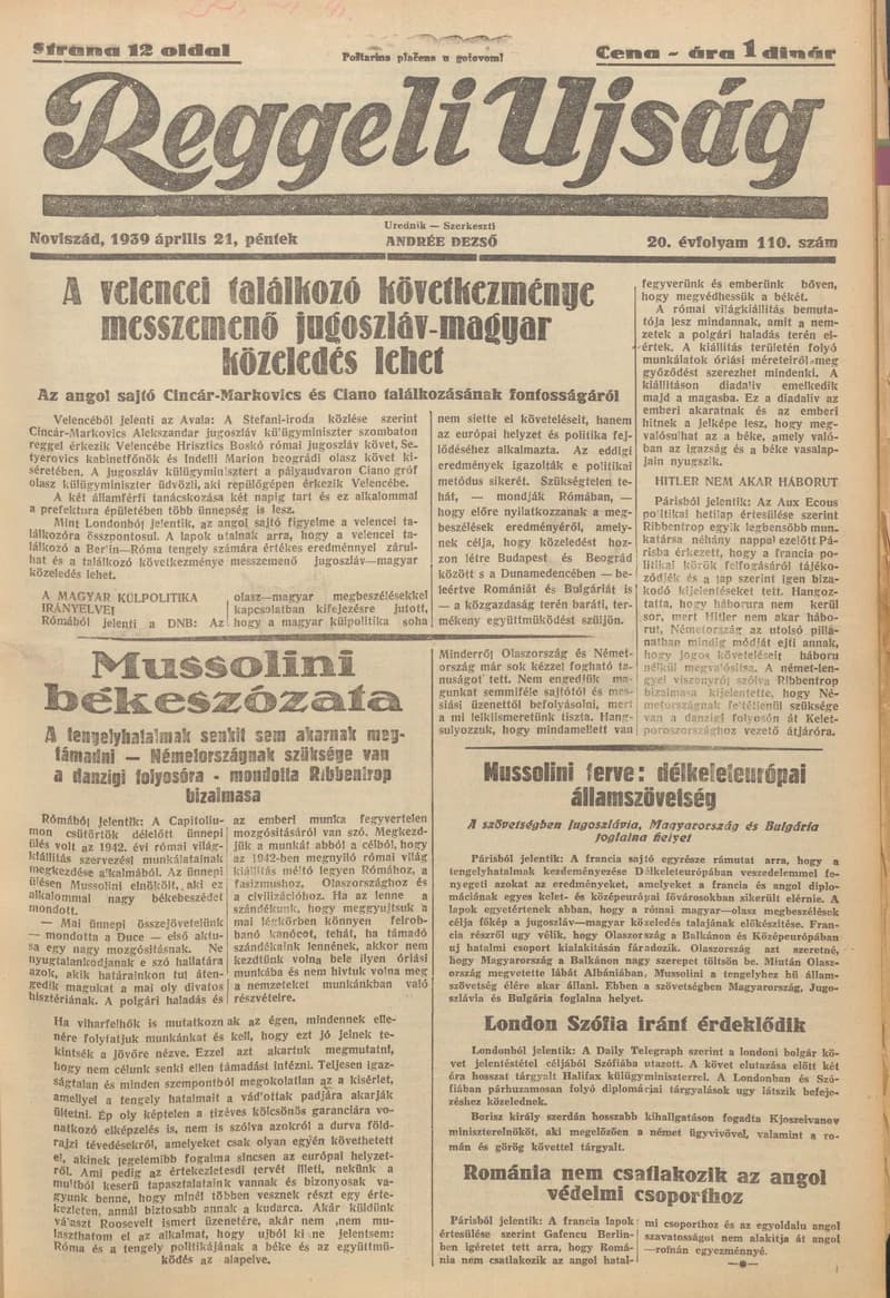 Reggeli Újság, 20. évf. 1939. április 21. 110. sz.
