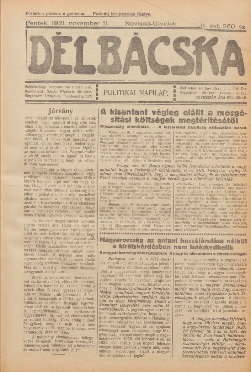 Délbácska, 2. évf. 1921. november 11. 260. sz.