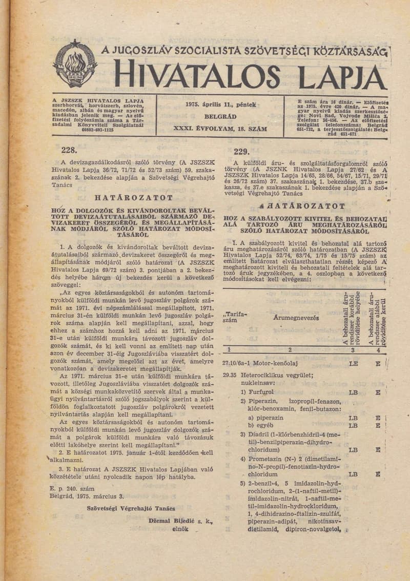 A Jugoszláv Szocialista Szövetségi Köztársaság Hivatalos Lapja, 31. évf. 1975. április 11. 18. sz. 569–592. oldal