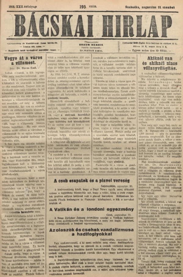 Bácskai Hirlap, 22. évf. 1918. augusztus 31. 195. sz.
