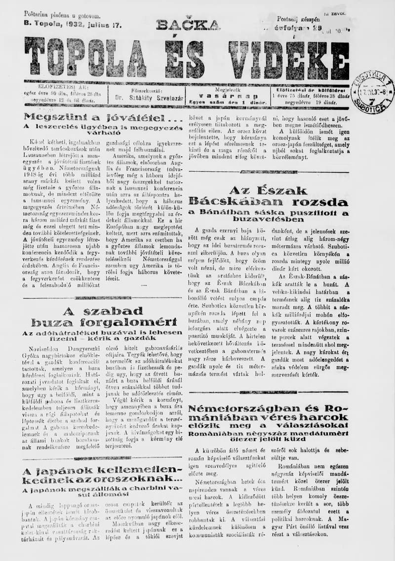 Bačka Topola és Vidéke, 9. évf. 1932. július 17. 29. sz.