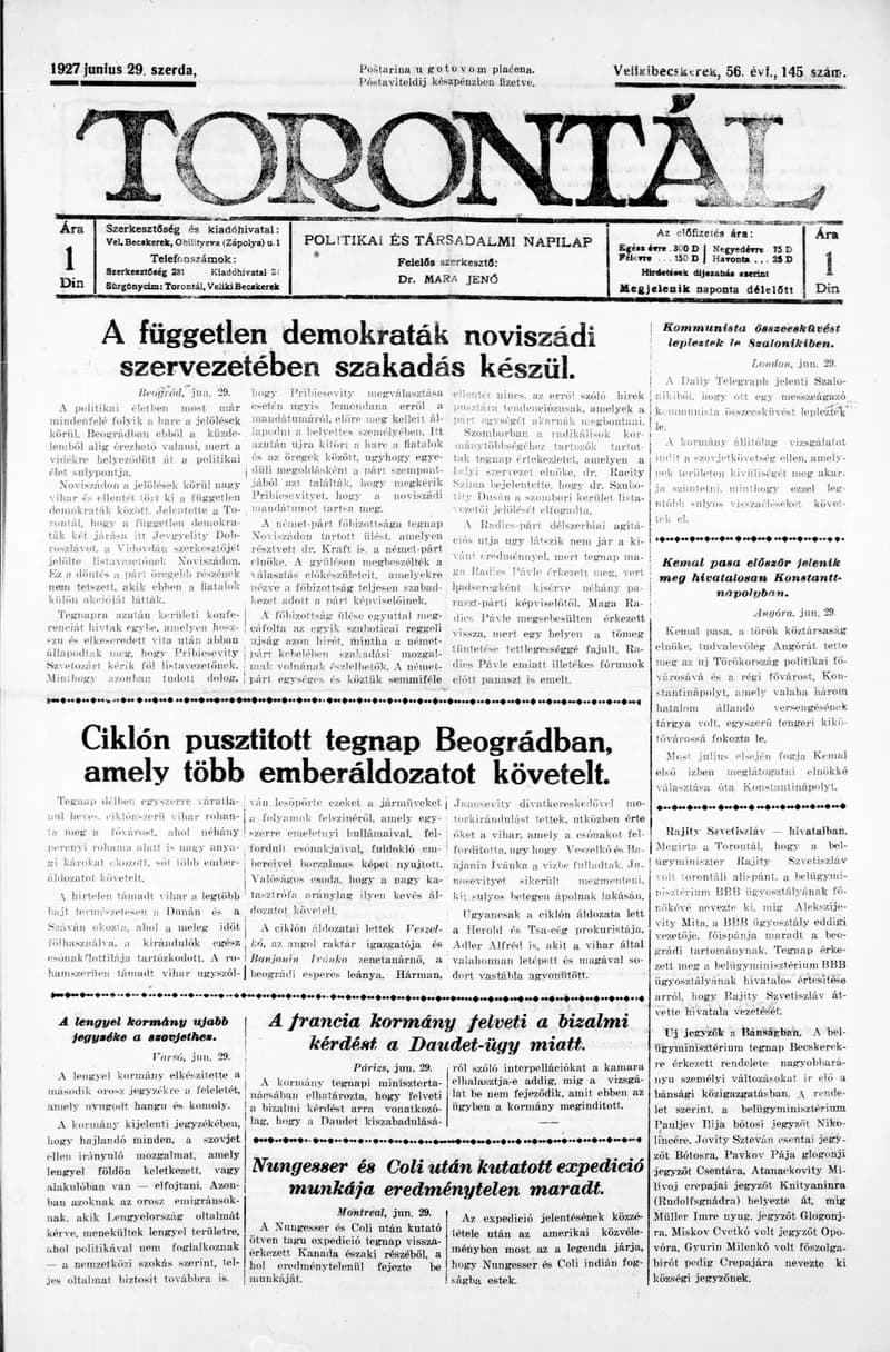 Torontál, 56. évf. 1927. június 29. 145. sz.