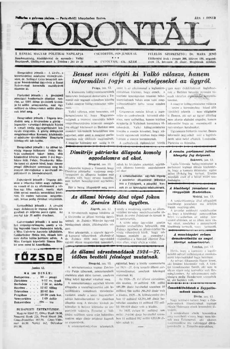 Torontál, 58. évf. 1929. június 13. 134. sz.