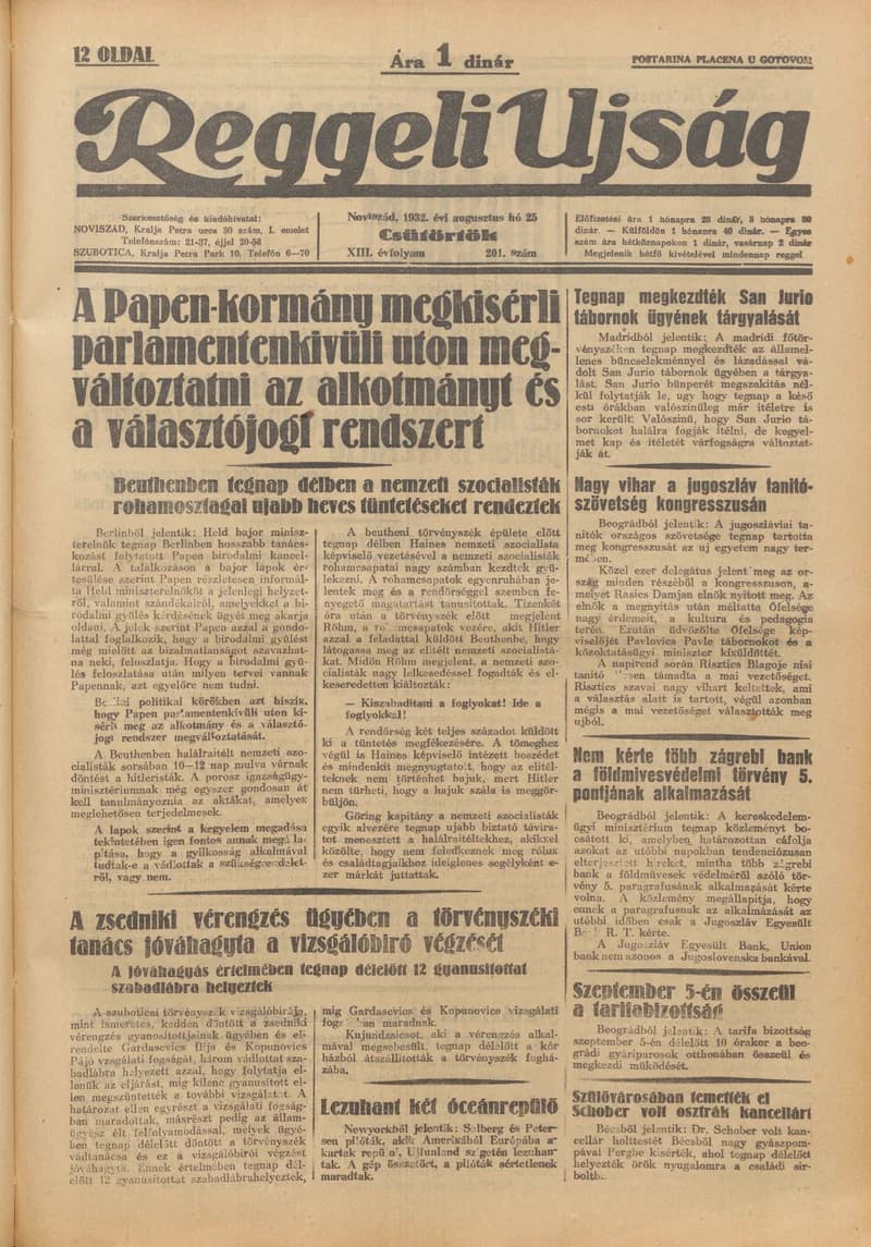 Reggeli Újság, 13. évf. 1932. augusztus 25. 201. sz.