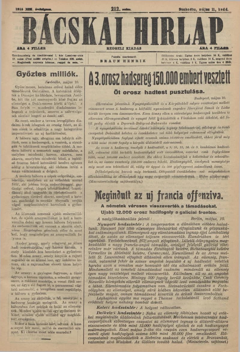 Bácskai Hirlap, 19. évf. 1915. május 11. 212. sz.