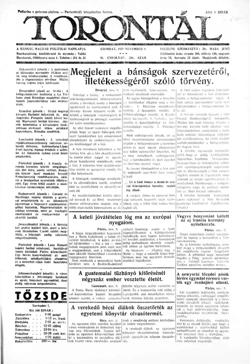 Torontál, 58. évf. 1929. november 9. 258. sz.