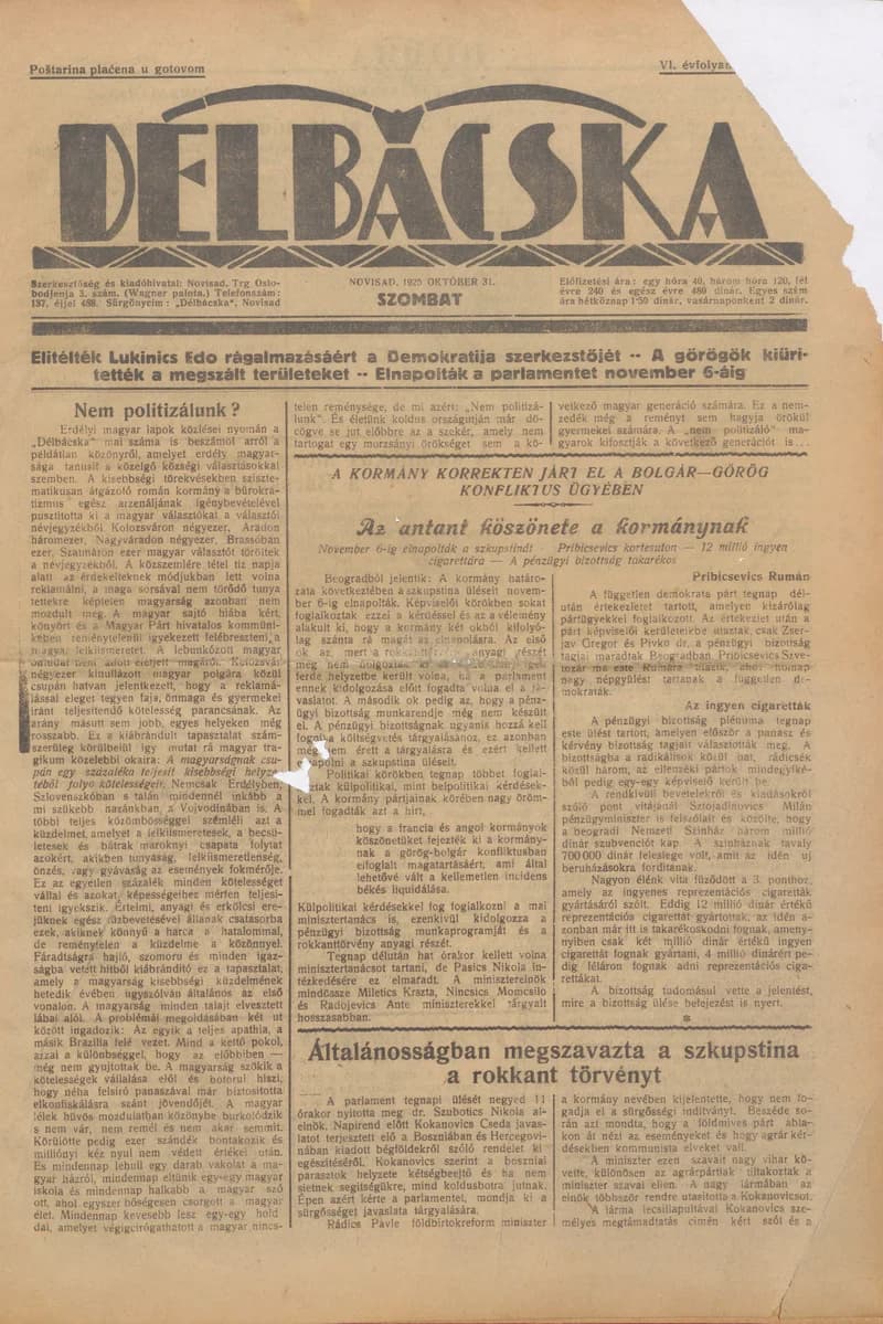 Délbácska, 6. évf. 1925. október 31. 253. sz.