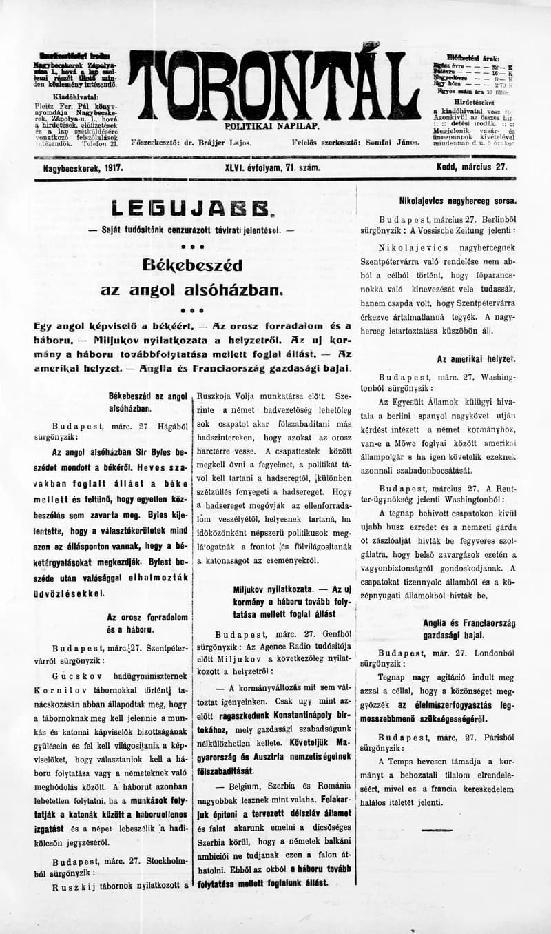 Torontál, 46. évf. 1917. március 27. 71. sz.