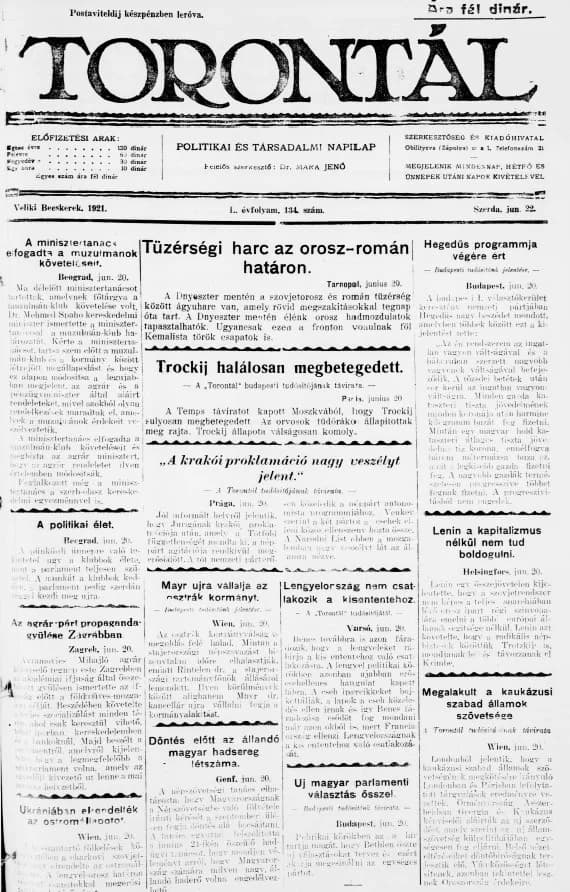 Torontál, 50. évf. 1921. június 22. 134. sz.