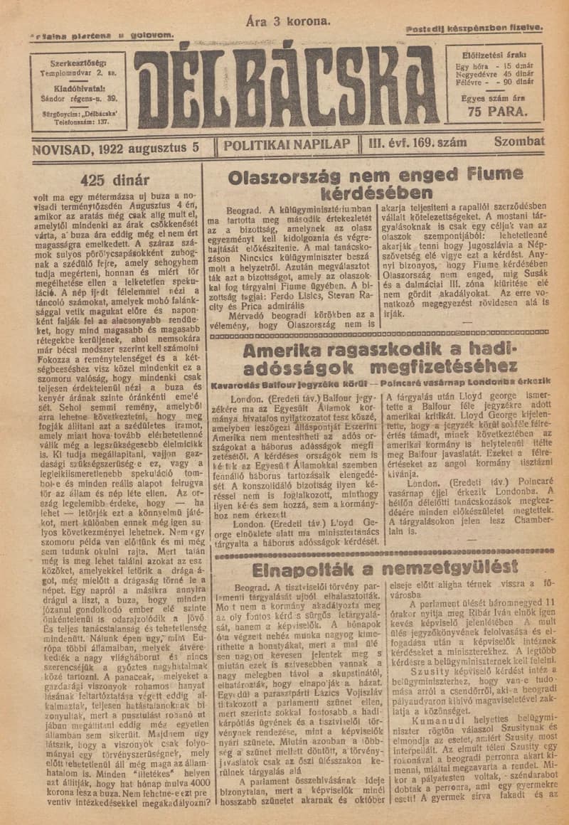 Délbácska, 3. évf. 1922. augusztus 5. 169. sz.