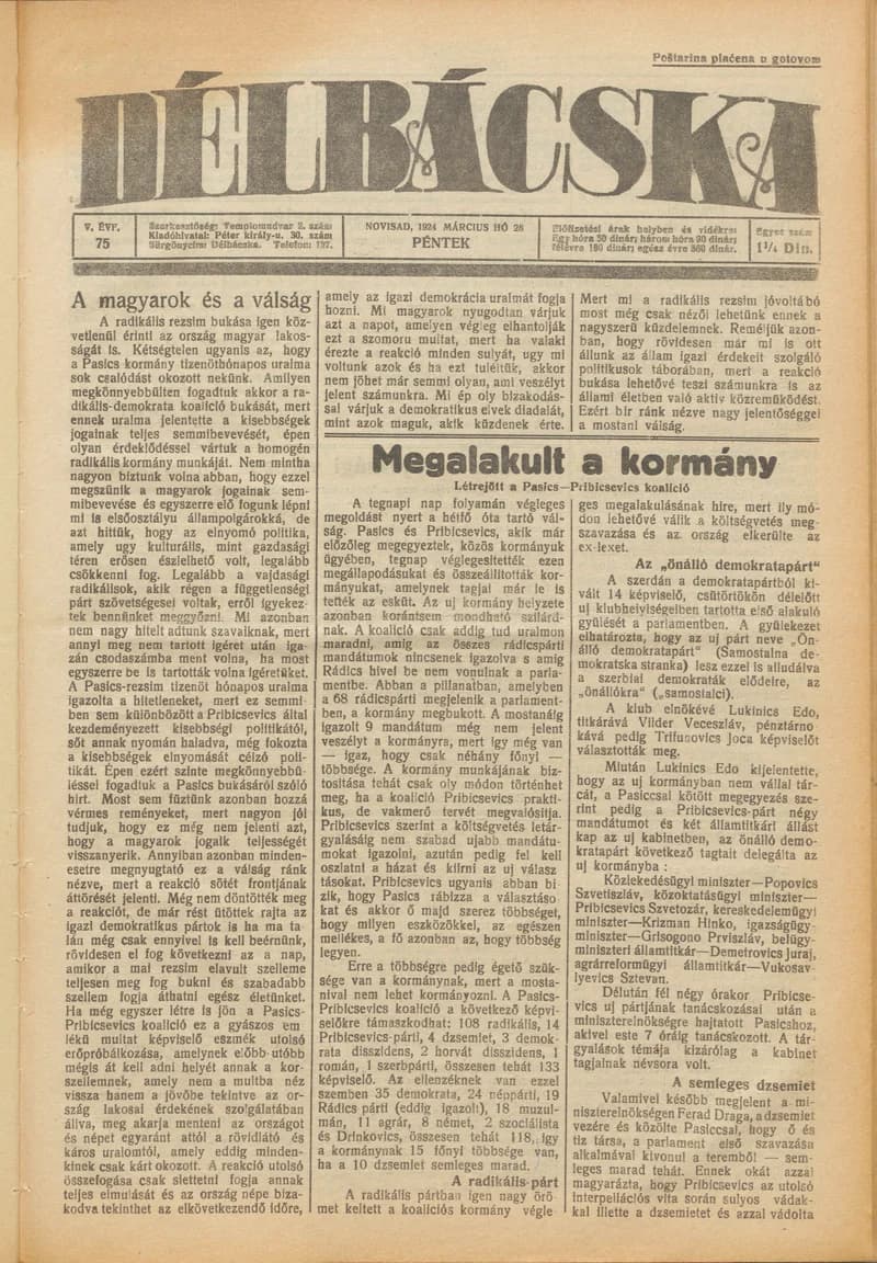 Délbácska, 5. évf. 1924. március 28. 75. sz.