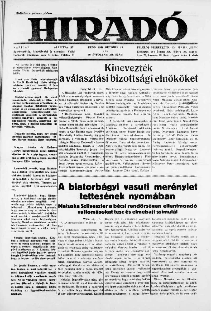 Híradó, 60. évf. 1931. október 13. 236. sz.