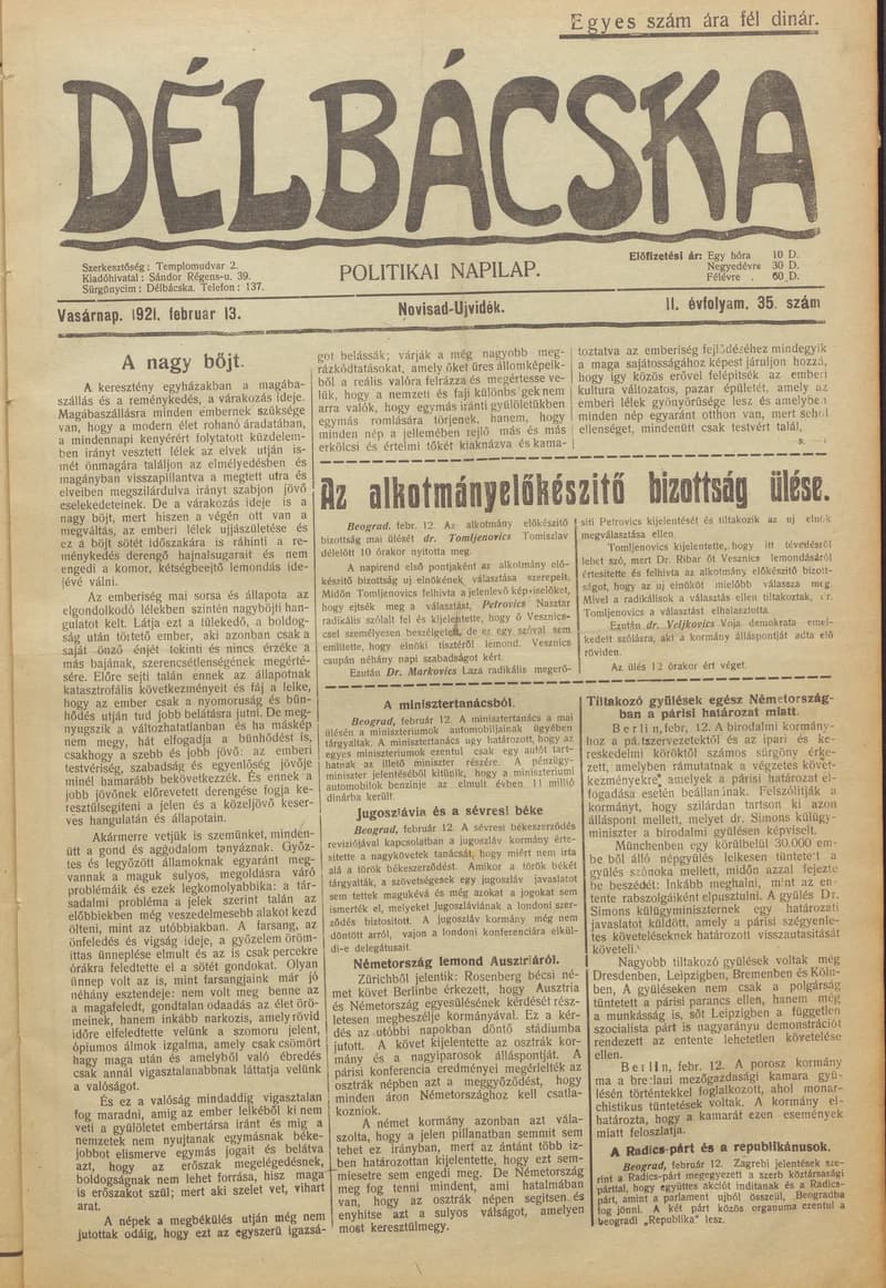 Délbácska, 2. évf. 1921. február 13. 35. sz.