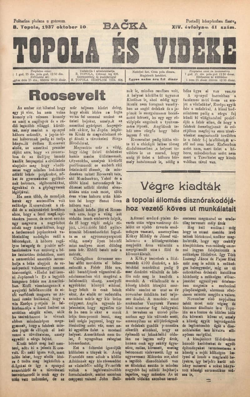 Bačka Topola és Vidéke, 14. évf. 1937. október 10. 41. sz.