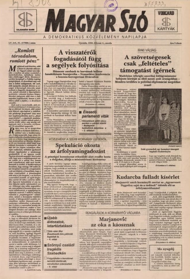 Magyar Szó, 55. évf. 1998. február 4. 31. sz. 1–16. oldal