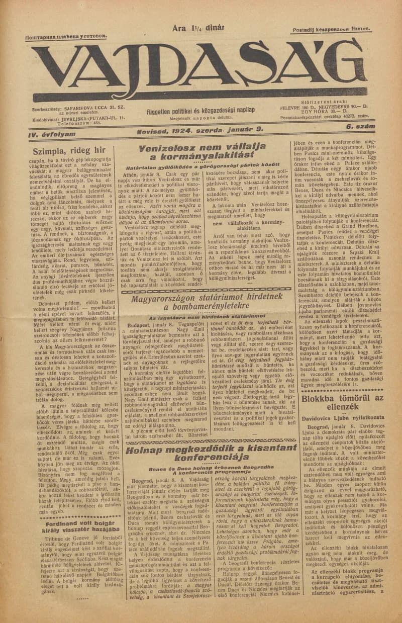 Vajdaság, 4. évf. 1924. január 9. 6. sz.