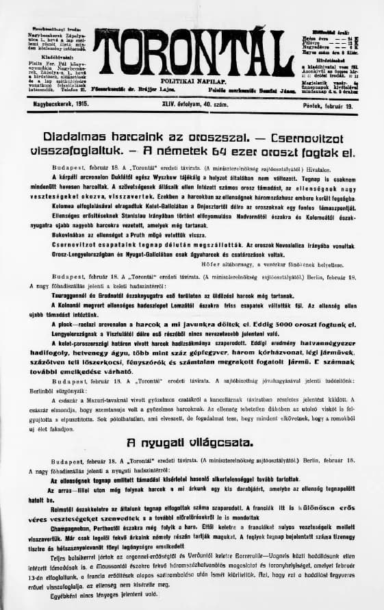 Torontál, 44. évf. 1915. február 19. 40. sz.