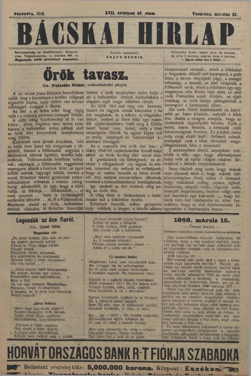 Bácskai Hirlap, 17. évf. 1913. március 23. 69. sz.