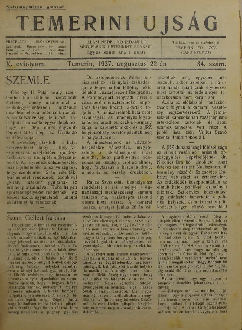 Temerini Újság 1928-1944, 10. évf. 1937. augusztus 22. 34. sz.