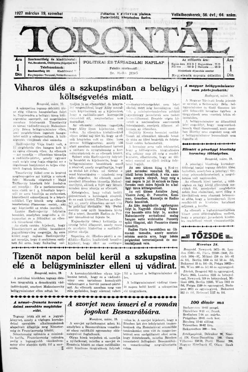 Torontál, 56. évf. 1927. március 19. 64. sz.