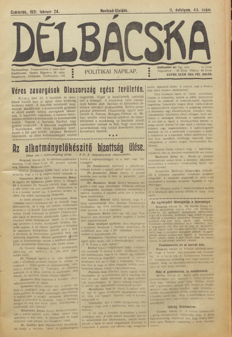 Délbácska, 2. évf. 1921. február 24. 44. sz.