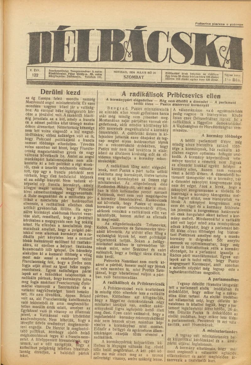 Délbácska, 5. évf. 1924. május 24. 122. sz.