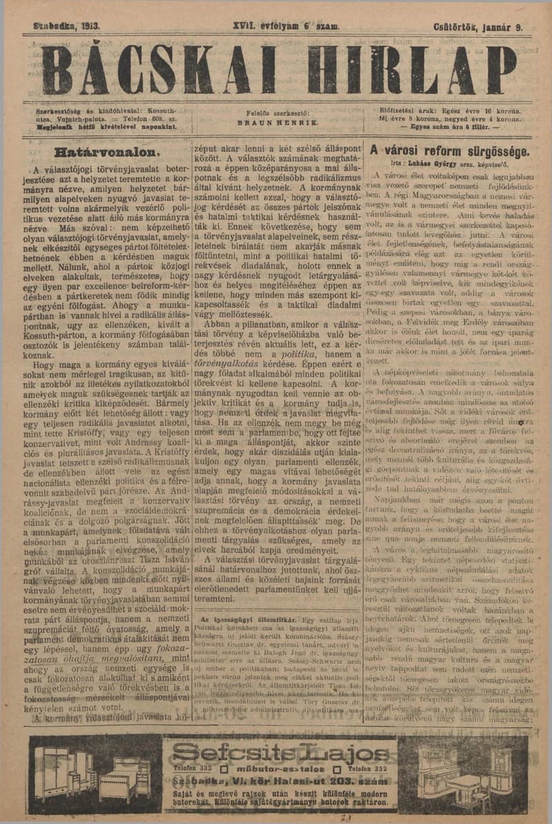Bácskai Hirlap, 17. évf. 1913. január 9. 6. sz.
