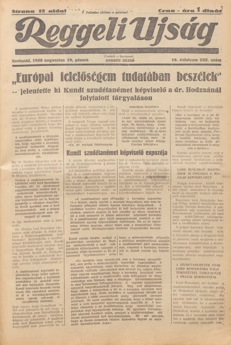Reggeli Újság, 19. évf. 1938. augusztus 19. 225. sz.