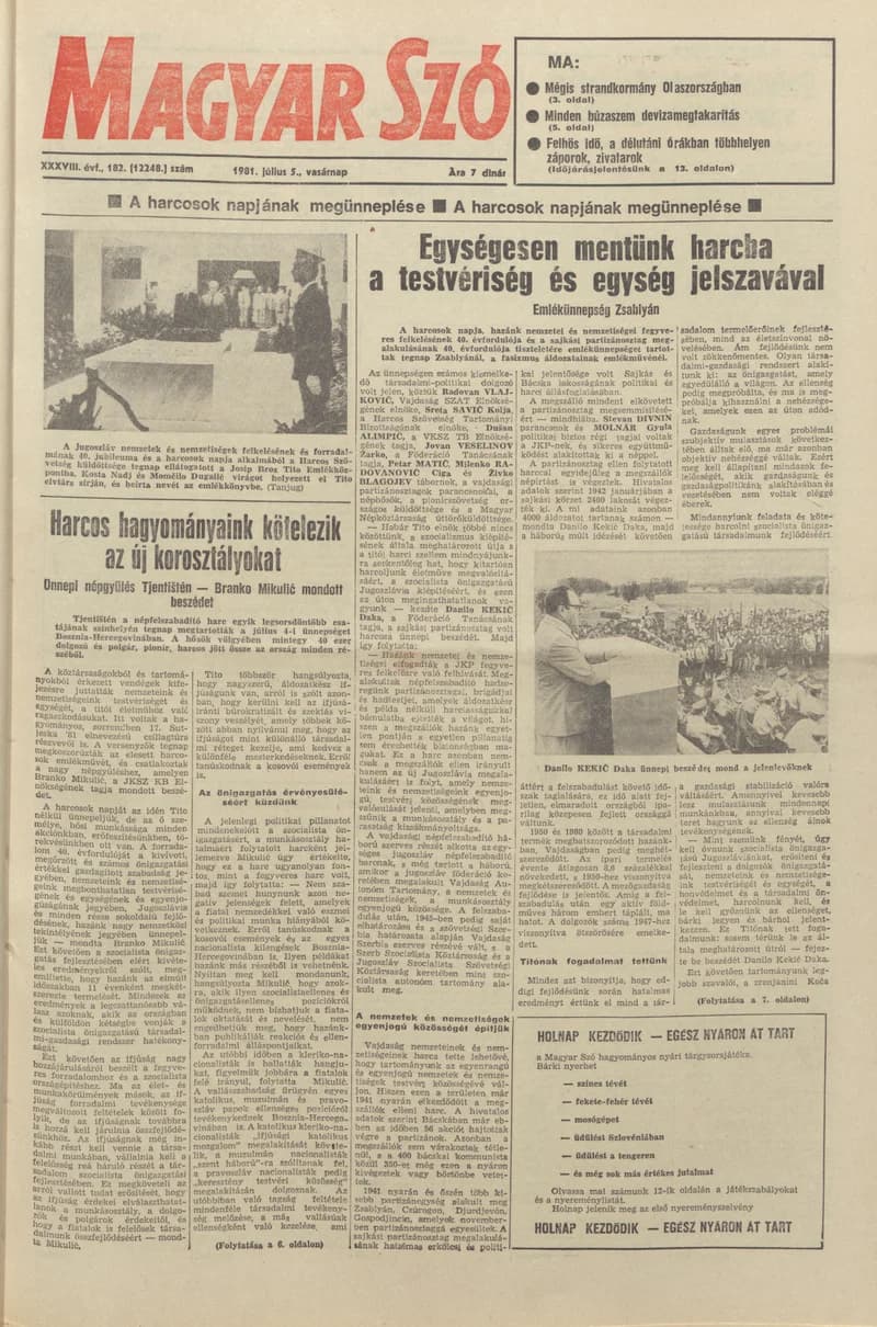 Magyar Szó, 38. évf. 1981. július 5. 182. sz.