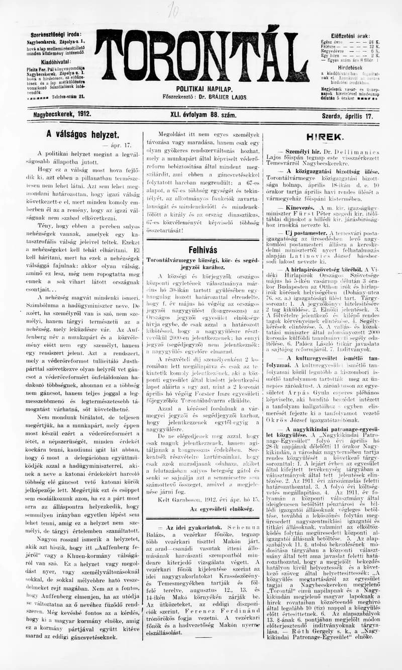 Torontál, 41. évf. 1912. április 17. 88. sz.