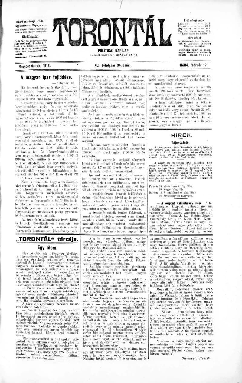 Torontál, 41. évf. 1912. február 12. 34. sz.