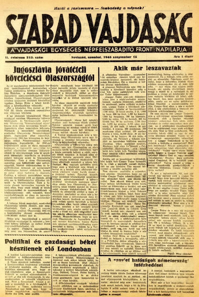 Szabad Vajdaság, 2. évf. 1945. szeptember 15. 213. sz.