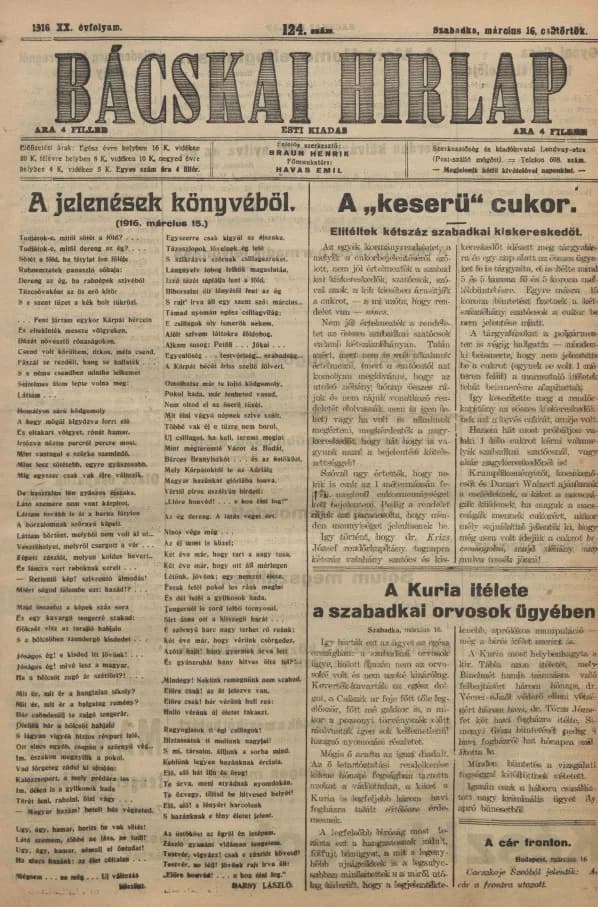Bácskai Hirlap, 20. évf. 1916. március 16. 124. sz.