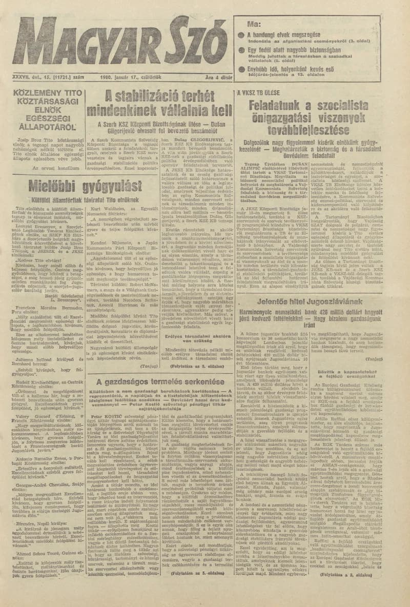 Magyar Szó, 37. évf. 1980. január 17. 15. sz. 1–20. oldal
