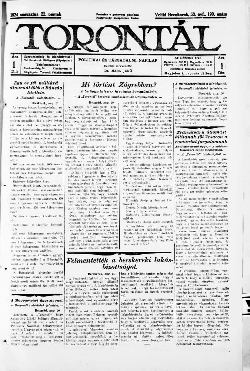 Torontál, 53. évf. 1924. augusztus 22. 190. sz.
