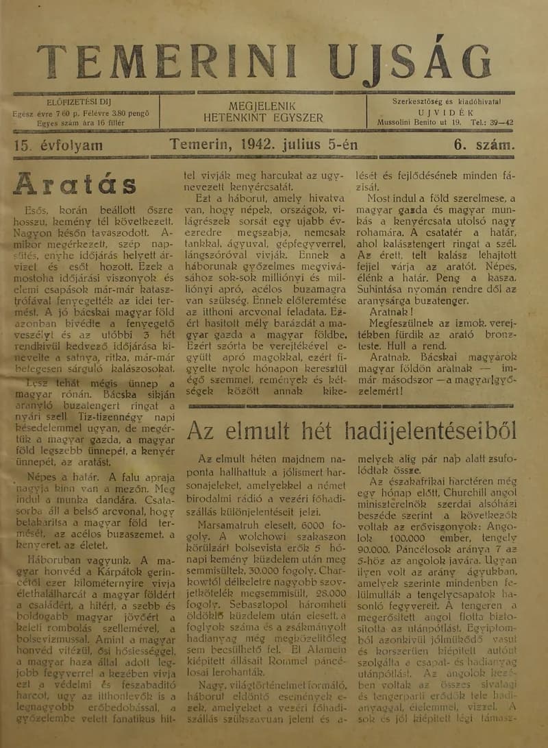 Temerini Újság 1928-1944, 15. évf. 1942. július 5. 6. sz.