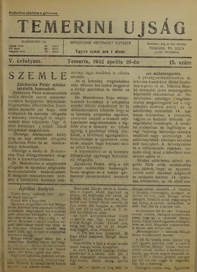 Temerini Újság 1928-1944, 5. évf. 1932. április 10. 15. sz.