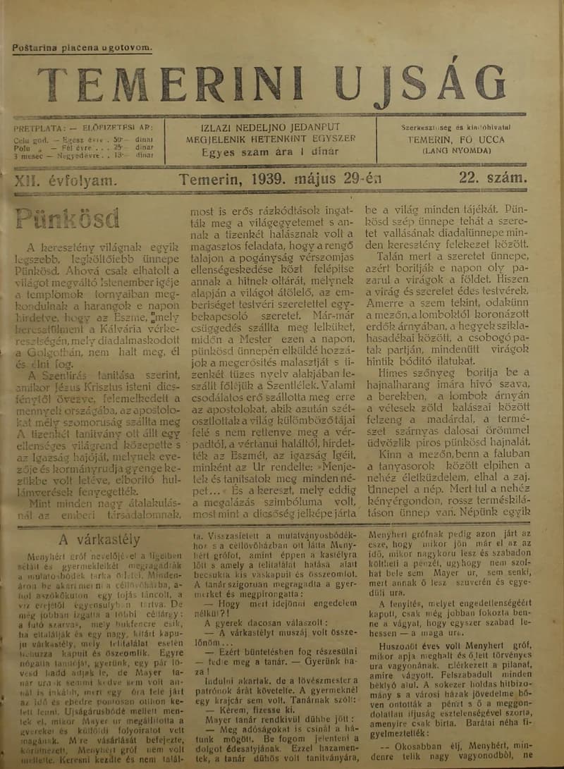 Temerini Újság 1928-1944, 12. évf. 1939. május 29. 22. sz.
